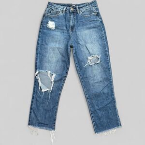 Fashion Nova Blue Distressed Boyfriend Jeans Preowned Size 9 Relaxed Fit
